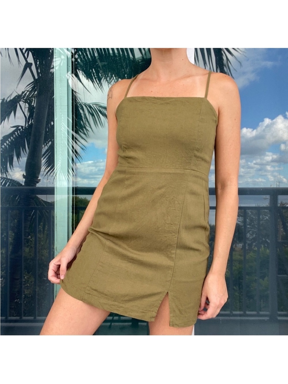 Olive Green Square Neck Mini Dress